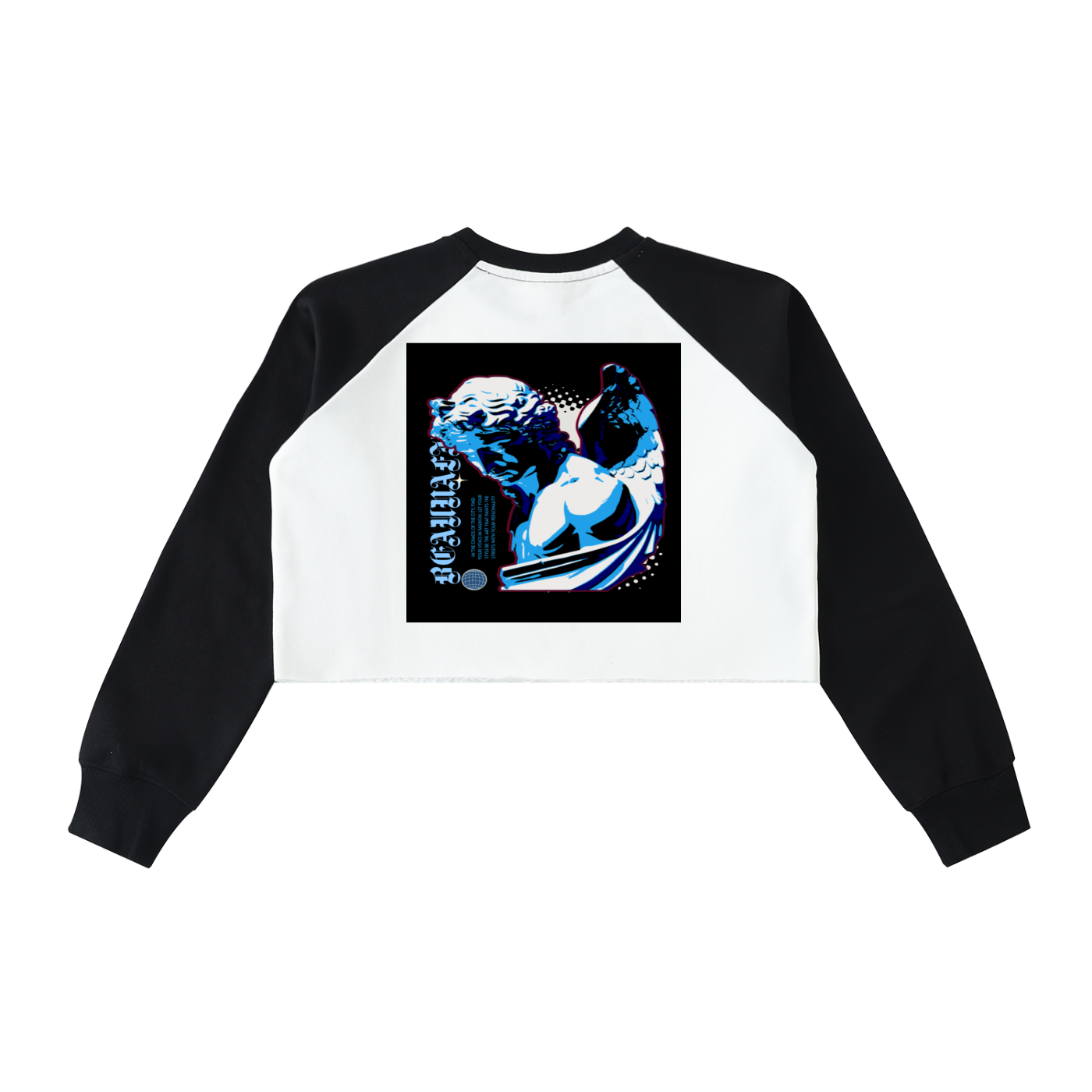 BLUE FALL (COLOR-BLOCK) RAW-HEM RAGLAN CROP SWEATSHIRT