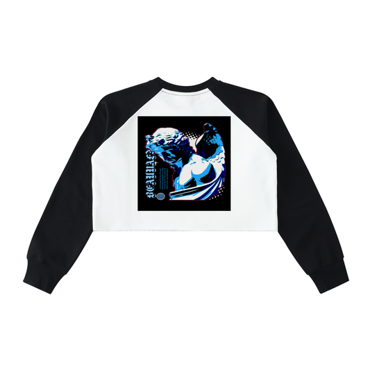 BLUE FALL (COLOR-BLOCK) RAW-HEM RAGLAN CROP SWEATSHIRT