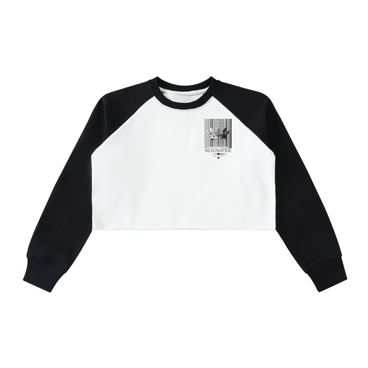 BLUE FALL (COLOR-BLOCK) RAW-HEM RAGLAN CROP SWEATSHIRT